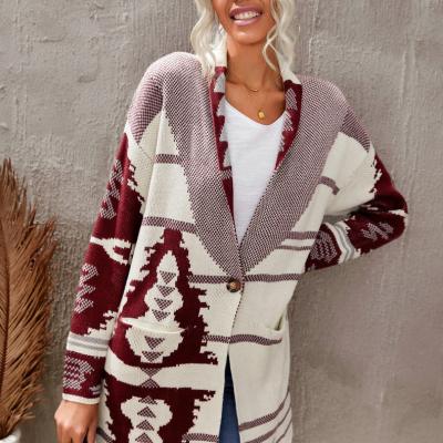 China wholesale Autumn Womens Knitted Sweater Anti-wrinkle Geometric Printed Long Cardigan Sweater Coat For Ladies for sale