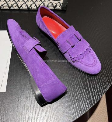 China Italian Genuine Leather Sheepskin Suede Design Round Buckle Belt Genuine Leather Handmade Loafer Shoes Flats Suede Leather Tassel Loafer Shoes for sale