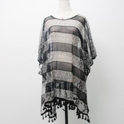 China Knitted Beach Soft Smooth Feeling Shawl Summer Polyester Mesh Beach Cloak Black And White Sexy Sunscreen Ladies Shawl for sale