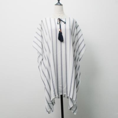 China New Summer Design Pattern White Stripes Long Striped Cotton Beach Poncho Women Kimonos Beach Cover Up for sale