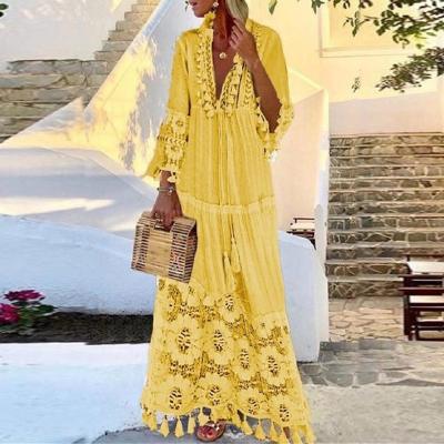 China Long Maxi Elegant Casual Bohemian Style Tassel Lace Anti-Static Cotton Beach Quilted Dress for sale