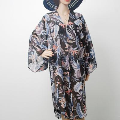 China Fashion Summer Chiffon Beach Cape Soft Soft Feeling Floral Light And Comfortable Woman Sunscreen Split Printed Shawl Chiffon Beach Cape for sale