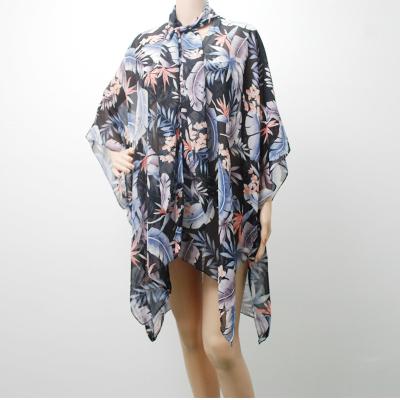 China Chiffon Leaf Pattern European American Bow Tie Fashion Beach Kimono Top Soft Sunscreen Shawl Chiffon Kimono Top Beach for sale