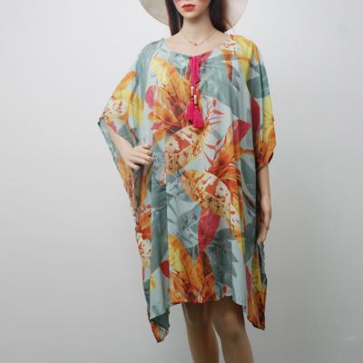 China 100% Beach Kimono Bougainvillea Rayon Blouse O-Neck Edge European American Women Beard Cover Up Cotton Kimono for sale