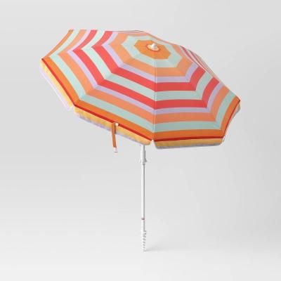 China Traditional Accessories Luxury Orange Stripe Outdoor Beach Umbrella With Sand Anchor Pole for sale