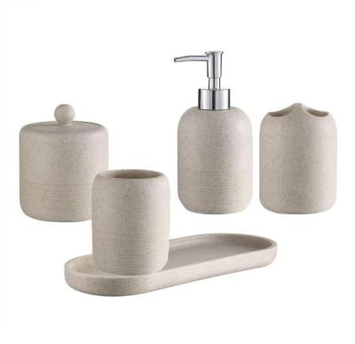 China Modern 5-Pieces Bathroom Accessory Set Size Quality Polyresin Set-Lotion Dispenser/Toothbrush Holder/Pot/Tray/Tumbler Cotton Cup for sale