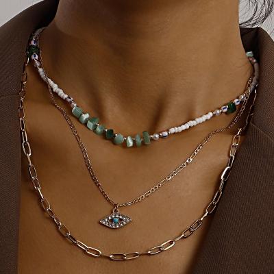 China Wholesale Multilayer Necklace High Quality Rice Beads Turquois Headscarf Rhinestone Turkish Eyes Pendant Necklace Women Fashion Jewelry for sale