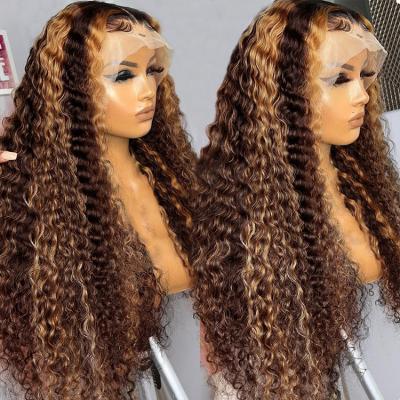 China Deep Curly Honey Blonde Human Hair Pre Plucked Frontal Wigs Brown Transparent 13x4 Lace Frontal Wigs Body Wave Balayage Highlight Wig for sale