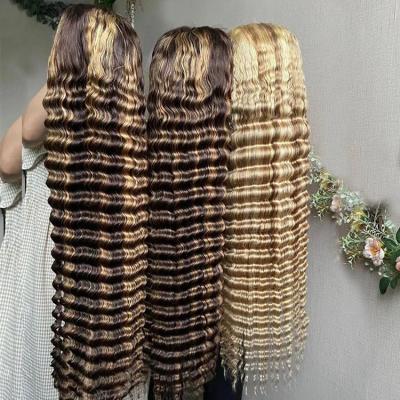 China Body Wave Natrual Black Blonde Highlights Pre Plucked Curly Lace Front Raw Virgin Human Hair Deep Wave HD Transparent Wigs Mix Color Wig for sale