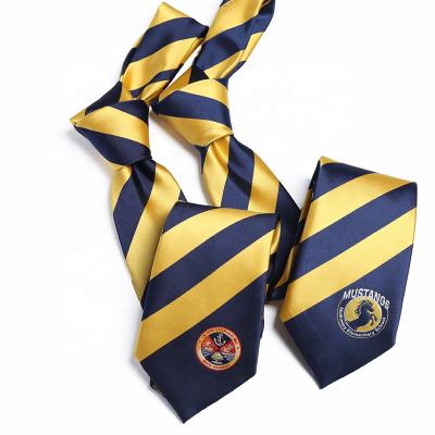 China 100% Handmade Custom Logo Gold Ground Navy Stripe Necktie School Logo Ties For Student for sale