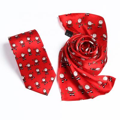 China 100% Santa Claus Handmade Pattern 12mm Red Ground Tie and Scarf Set 100% Silk Digital Prints for sale