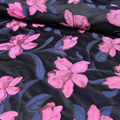 China Breathable good quality recycled polyester yarn dyed red flower egg floral crepe jacquard fabric brocade eco fabric for women dress for sale