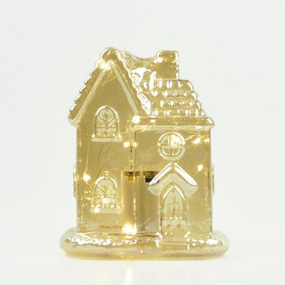 China Hot Selling Home Decoration Christmas Glass House With Led Light Luxury Glass Ornament for sale