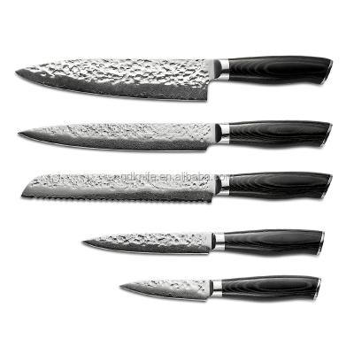 China New Best Viable Quality Professional 5pcs Damascus Stainless Steel Knife Set With Black Pakka Wood Handle for sale