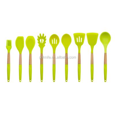 China New Design Beech 9pcs Wooden Sustainable High Quality Handle Colorful Silicone Cooking Kitchen Utensil Sets for sale