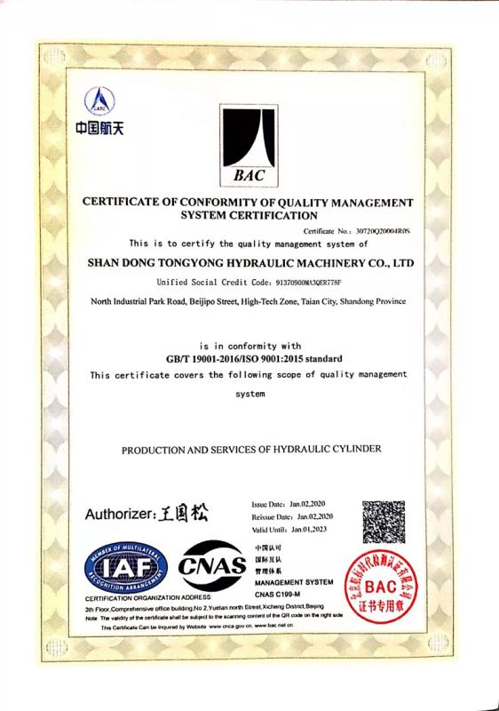 ISO9001 - Shandong Tongyong Hydraulic Machinery Co., Ltd.