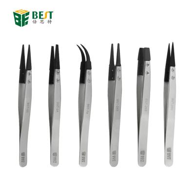 China Multi Functional ESD Factory Carbon Fiber Tip Anti Static Flatted Stainless Steel Rubber Slant Tweezers for sale