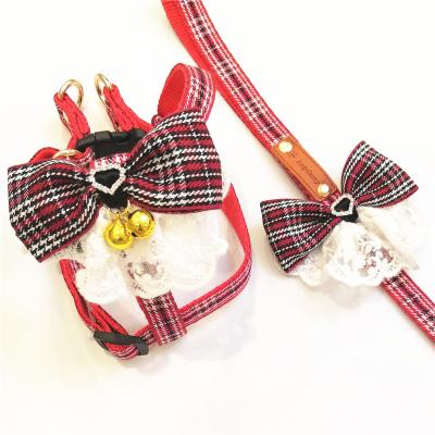 China Hot Sale Pet Accessories Personalized Christmas Bowtie Buckle Bell Lattice Dog Harness and Leash for sale