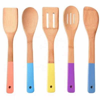 China Sustainable Wholesale Cooking Utensils Kitchen Utensils Bamboo Spatula Spoon Set With Color Handle for sale