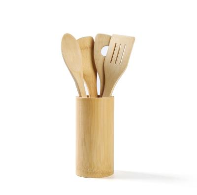 China Sustainable Eco-Friendly Bamboo Utensil Set 5 Piece With Bamboo Rack Spoon Slotted Turner Kitchen Cooking Utensils for sale