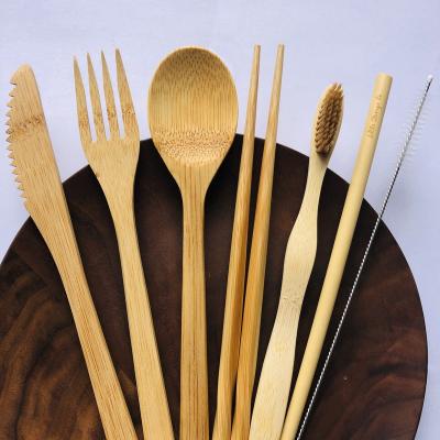 China Wholesale Disposable Bamboo Cutlery Travel Set Flatware Tableware Bamboo Toothbrush Spoon Set In Foldable Pocket for sale