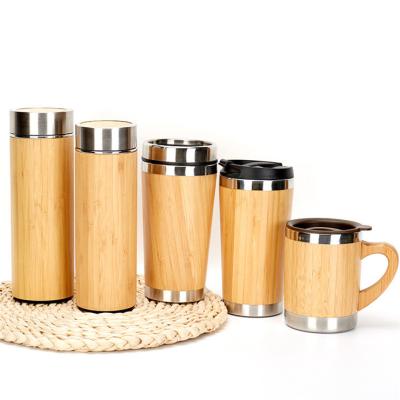 China Business Wholesale Double Wall Coffee Mug Stainless Steel Natural Bamboo Water Bottle for sale