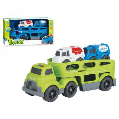 China With light & Music Amazon Hit Wheel Carrier Plastic Free Friction Operated Truck Car Toys With 2 Mini Sliding Car for sale