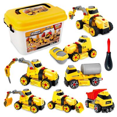 China With sound & Lightweight 7 in 1 DIY Assembly Building Educational Toys for Kids, Disassemble Construction Vehicles Excavators Truck Toy with Storage Box for sale