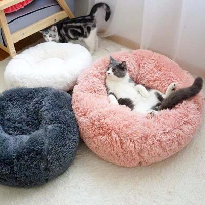 China Breathable Long Plush Fluffy Pet Bed For Cat Puppy Donut Soothing Bed Anti Slip Dot Bottom Around Cat Bed for sale