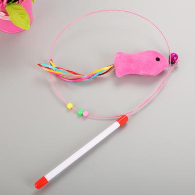 China High Quality Viable Interactive Pet Cat Linen Teaser Toy Funny Fishing Bungee Sticks Toy With Mouse Fish Rod Pet Cat Toy Colorful for sale