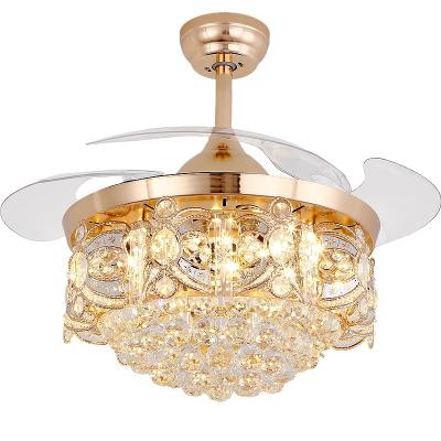 China Modern Luxury Golden LED Chandelier Lighting Pendant Lamp Remote Control Modern Fancy Hotel Crystal Ceiling Fan With Light Home for sale