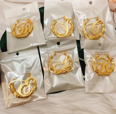 China Vintage 14k Gold Plated Custom Personalized Initial Letters Name Circle Earring Bamboo Women for sale