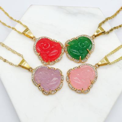 China New CLASSIC Buddha Maitreya transparent colorful Jade Rhinestone Buddha Pendant Necklace natural laughing for sale