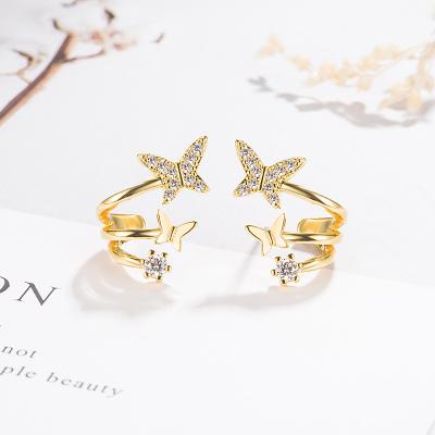 China Trendy Fashion Statement Designer Crystal Zircon 18K Gold Plated Butterfly Stud Earrings For Women Men for sale