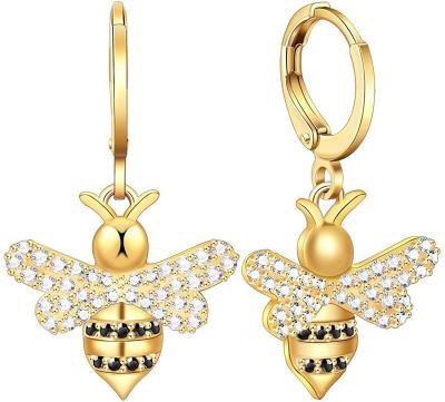 China CLASSIC Bee Charm Earrings With Hexagon Circles Gold Plated CZ Bee Charm Earrings Gifts For Her for sale