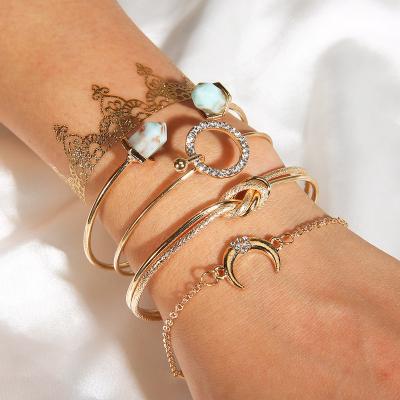 China TRENDY New Fashion Turquoise Multilayer Open Rhinestones Dangle and Star Hand Slap Bracelets Bangles Set for Woman for sale