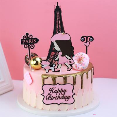 China Viable Girl Street Light Tower Cake Decoration Insert Card Happy Birthday Cake Topper For Cake Decorating for sale