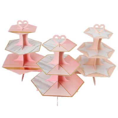 China Sustainable Three-Layer Cake Stand Hexagonal Marbled Tan Birthday Party Dressing Dessert Paper Stand for Cake Decorating for sale