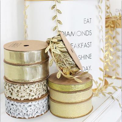 China Olive Leaf Cake Box Gift Wrapping Ribbon Decoration Viable Ribbon Gold Ribbon Bandage For Cake Wrapping for sale