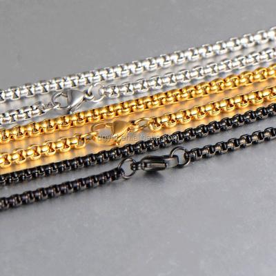 China Black Round Every Day Wear 18K Gold Silver Stainless Steel Box Chain Necklace Women Men Fashion Jewelry Chain for sale