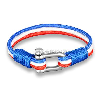 China Casual France Flag Men Fashion Jewelry Paracord Bracelet Stainless Steel Shackle Nautical Sailing Rope Bracelets for sale