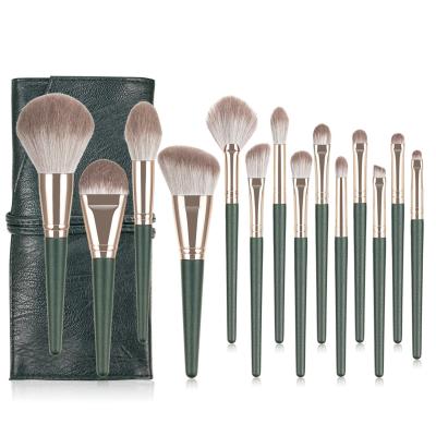 China Angular Blush Private Label High Quality 14PCS Green Super Soft Hair Makeup Brush With Travel Bag Cosmetic Tool Makeup Brush Set for sale