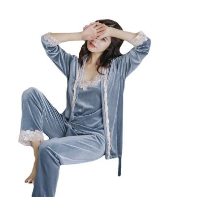 China OEM Gold QUICK DRY custom sexy warm velvet home long sleeve winter three piece pajamas three piece pajamas for sale