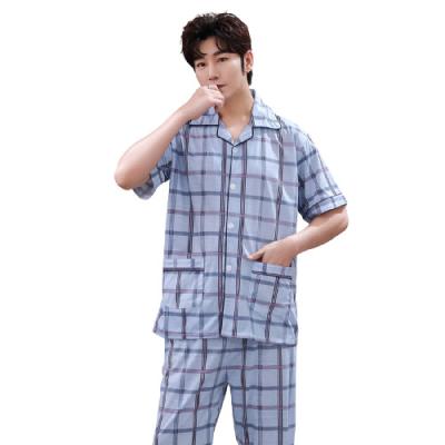 China Comfortable Men's Two Piece Short Sleeve Pajamas QUICK DRY Tailored Mens Nightgown And Pants Cotton Plaid for sale