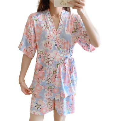 China 2021 Women's QUICK DRY Adult V-Neck Nightgown Kimono Designer Short Sleeve Shorts Set Japanese Sleep Sexy Pajamas for sale