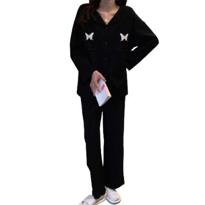 China QUICK DRY Custom Women's Pajamas Set Lovely Solid Color Polyester Long Sleeve Home Clothes Leisure Pajamas for sale