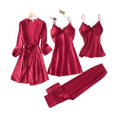 China Ladies QUICK DRY Custom Silk Sleepwear 4 Piece Set Satin Elegant Print Shorts Long Sleeve Silk Chest Padded Sexy Pajamas Set for sale