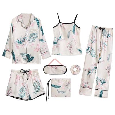 China QUICK DRY Hot Selling 7 Pieces Floral Print Tops Set Pajamas And Pants Pajamas Sleepwear For Women Silk Pajamas for sale