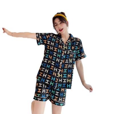 China Wholesale Summer QUICK DRY Cardigan Short Sleeved Nightgowns Women Luxury Printing Fashion Silk Pajamas Set 2 for sale