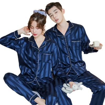 China QUICK DRY the latest design of leisure high quality silk long sleeves autumn long sleeve couples pajamas large size home use couples silk pajamas for sale